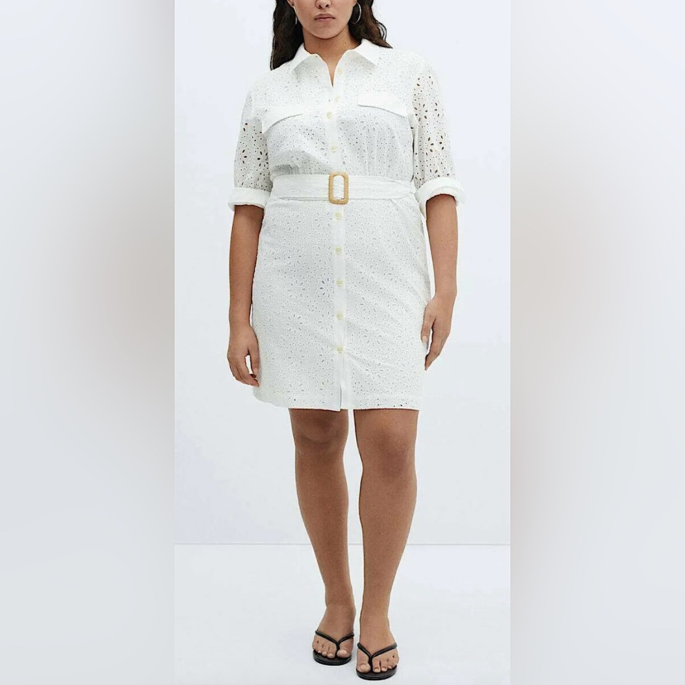 NTW MANGO LONG SLEEVE WHITE COTTON EYELET SHIRTDRESS, SIZE L - Picture 2 of 15